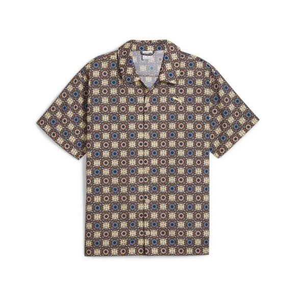 PUMA Classics New Prep Woven Graphic Collared Short Sleeve Button Up Mushroom Br - Picture 1 of 2